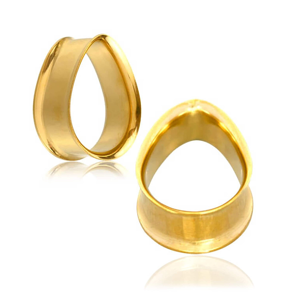 Two golden ear plugs from Kaya Movement, named Teardrop Tunnel, are shown. They have a smooth, polished finish resembling surgical steel and are arranged to display both a side view and a top view. The reflections on the surface suggest a shiny, metallic material.