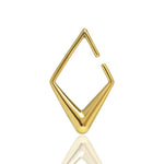 Presenting the Minimalist Diamond Ear Hangers in Gold by Kaya Movement. These sleek, polished 2 gauge ear hangers feature a gold-plated PVD finish with an open geometric, diamond-shaped design. With sharp edges and a minimalist aesthetic, the lower end converges into a point while the upper end displays a subtle opening. The polished surface beautifully reflects light, adding to their elegant appeal.