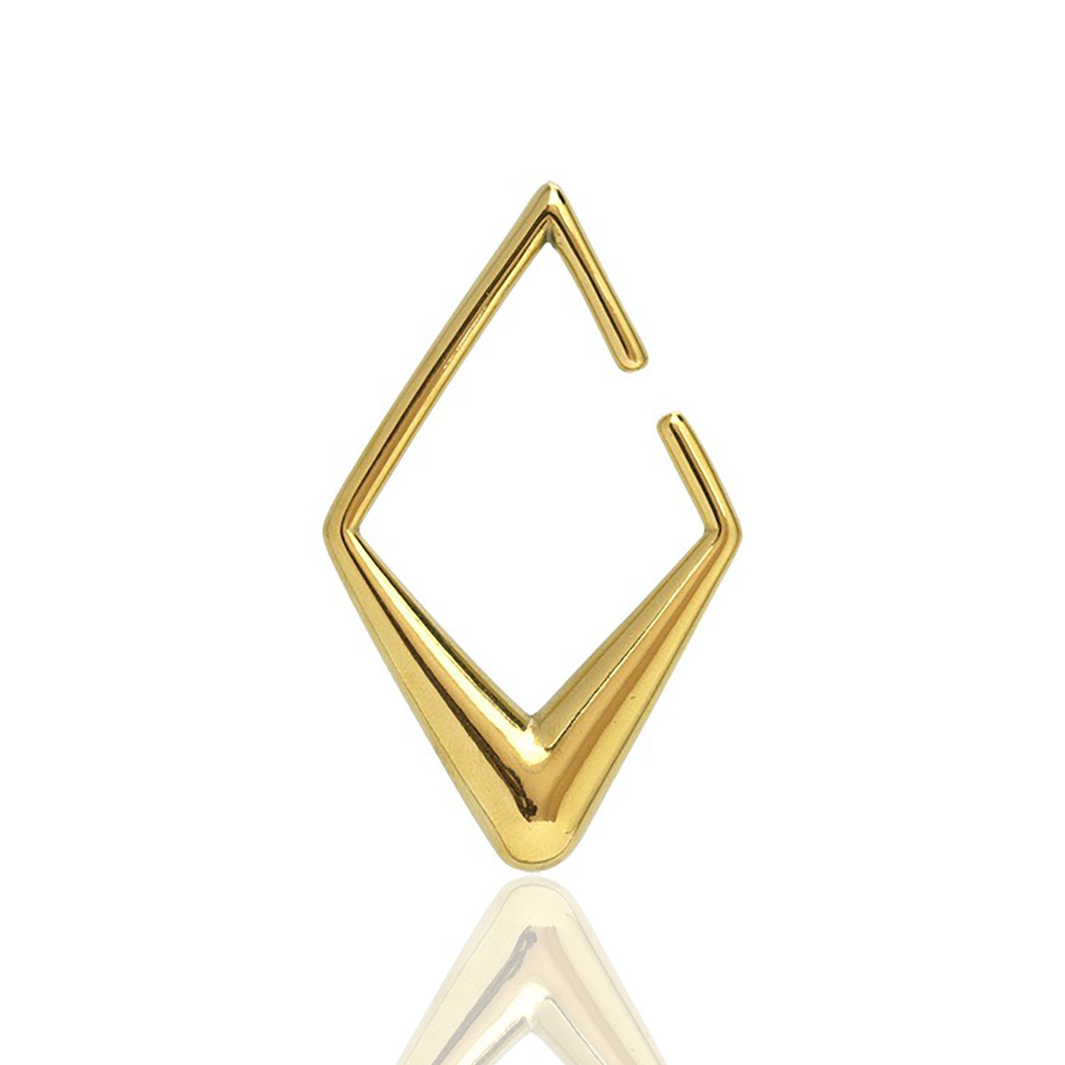 Presenting the Minimalist Diamond Ear Hangers in Gold by Kaya Movement. These sleek, polished 2 gauge ear hangers feature a gold-plated PVD finish with an open geometric, diamond-shaped design. With sharp edges and a minimalist aesthetic, the lower end converges into a point while the upper end displays a subtle opening. The polished surface beautifully reflects light, adding to their elegant appeal.