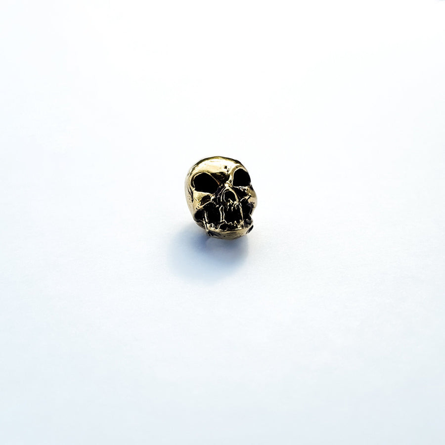 A small metallic skull sculpture sits on a plain white surface. The finely detailed skull boasts a shiny, reflective finish, reminiscent of the intricate Viking Hair Beads Accessories - Alien Vampire Carved Skull Dreadlocks Beads Jewellery by Kaya Movement, which gives it a striking appearance against the stark white background.