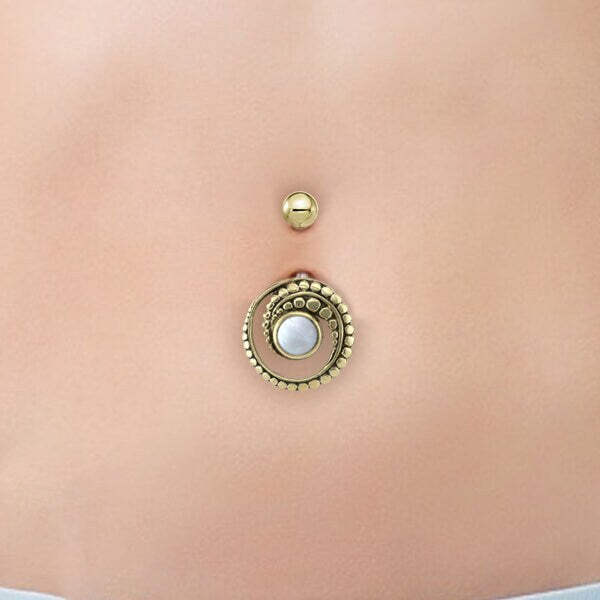 Belly Button Teardrop Piercing Jewelry With Mother Of Pearl - Real Seashell Nacre Gold Navel Ring - Belly Bar 14g - Organic Marquise
