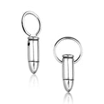Introducing the Kaya Movement Silver Bullet Gun Dangle Earrings with Charm, featuring small hoops at the top. The sleek, cylindrical design offers a modern aesthetic while the reflective surface adds a touch of shine. These hypoallergenic stainless steel earrings are showcased against a minimalist white background.