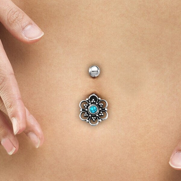 Turquoise Belly Ring, Curved Barbell Lotus flower, Mandala Silver Belly Bar, Belly Button Rings Stomach Jewelry Piercing, Navel jewelry