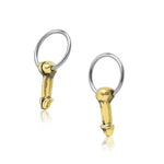 Image of a pair of unique earrings from Kaya Movement, featuring small, gold-colored anatomical bone structures resembling tiny skeletal fingers. Each earring is attached to a silver loop, creating an intriguing blend of stainless steel jewelry and artistic bone representation. The product, named "Anatomy Dick Earrings Jewelry Gold," also serves as hoop earrings with charms for men and can be used for breast buttons piercing, septum, helix, and daith.
