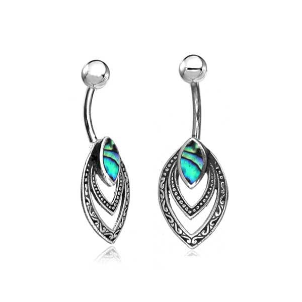 The Kaya Movement Belly Button Teardrop Piercing Jewelry features intricately designed Sterling Silver 925 navel rings with dangling teal and blue-green abalone stones. The belly bars include a curved upper section and layered drop pendants adorned with detailed patterns, reminiscent of abalone shells.