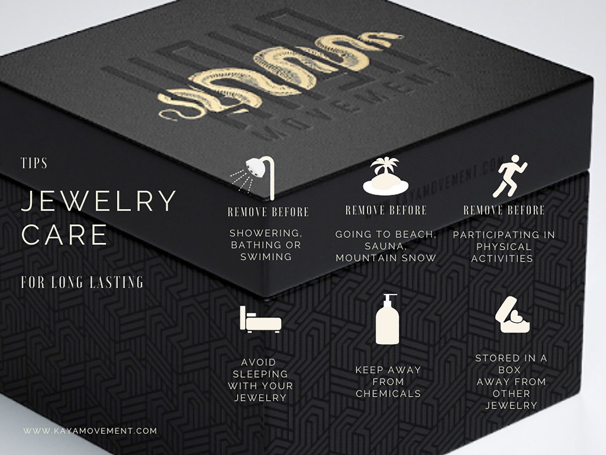 Image of a black jewelry box with gold lettering. The text gives jewelry care tips: remove before showering, swimming, sauna, beach, snow; participating in physical activities; avoid sleeping with it; keep away from chemicals; store in a box away from other jewelry. Perfect for antique jewelry and Kaya Movement's Rattlesnake Gold Ear Weights.