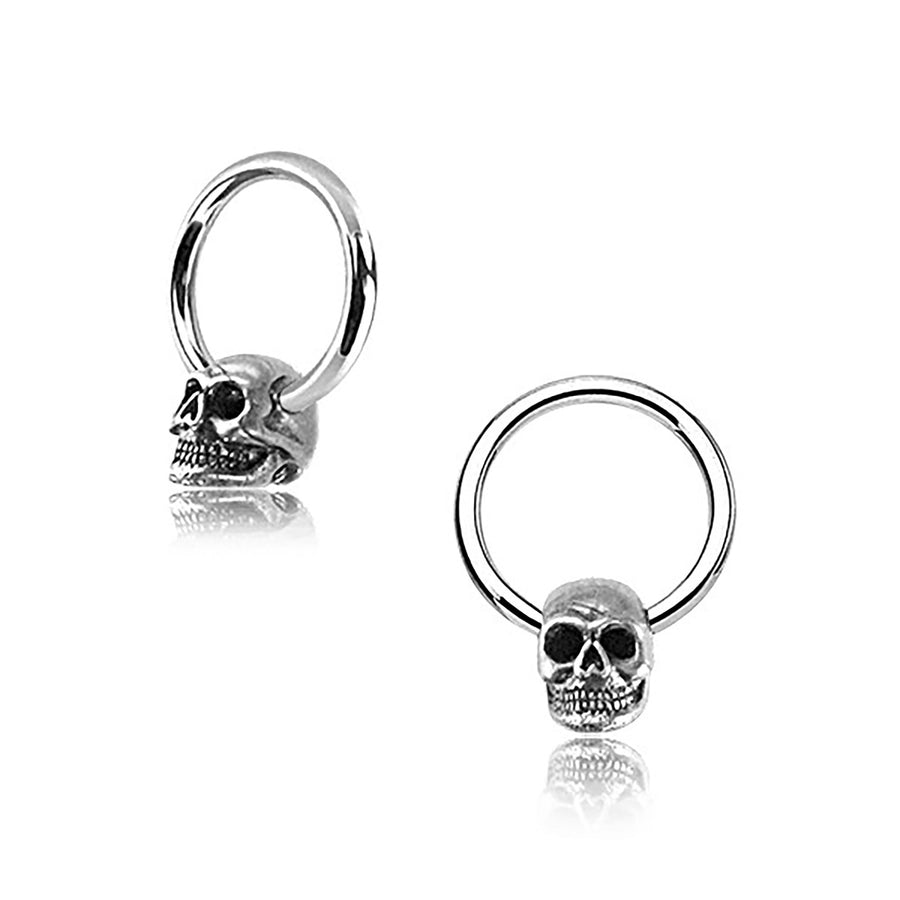 Skull Ball Closure Rings piercing, Silver skull earrings, Punk Goth Hoop earrings with charm, Nipple Piercing - 18g, 16g, 14g