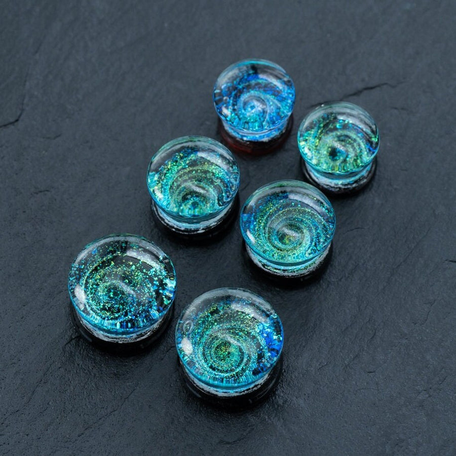 Handmade Blue Cosmic Ear Plugs - Unique Celestial Body Jewelry for Stretching - Spiral Gauges, Double Flare Tunnels, 12mm-16mm Flesh Plugs