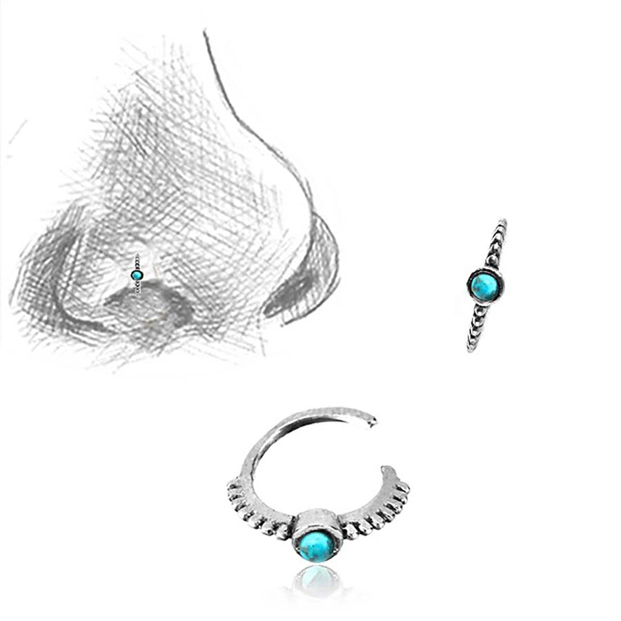 Illustration of a nose with a 925 silver Indian nose ring with turquoise, from Kaya Movement, inserted. Surrounding the image of the nose are three close-up views of the 8mm septum ring: one from the side, one showing the front design, and another displaying the ring partially open.