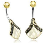 Introducing the Kaya Movement Mother of Pearl Belly Ring - a boho-inspired 9mm navel bar featuring delicate diamond-shaped Mother of Pearl-like inlays. This elegant piece showcases an intricate black design on the upper section, connected to a gracefully curved silver stem that culminates in a lustrous gold ball.