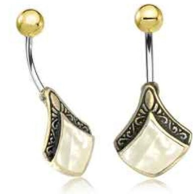 Introducing the Kaya Movement Mother of Pearl Belly Ring - a boho-inspired 9mm navel bar featuring delicate diamond-shaped Mother of Pearl-like inlays. This elegant piece showcases an intricate black design on the upper section, connected to a gracefully curved silver stem that culminates in a lustrous gold ball.
