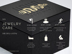 A black jewelry box featuring the Kaya Movement logo. Below, there are tips for long-lasting jewelry care, including: remove before showering, swimming, beach, sauna, snow, and physical activities; avoid sleeping in it. Perfect for storing your Silver Mandala Belly Button Rings and surgical steel barbells.