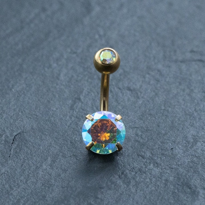 18K Gold Navel Ring, Sexy Crystal Belly Barbell, Hypoallergenic Discreet Piercing, Allergy-Friendly Body Jewelry