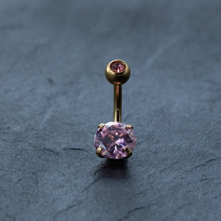 18K Gold Navel Ring, Pink Crystal Belly Barbell, Hypoallergenic Discreet Piercing, Allergy-Friendly Body Jewelry