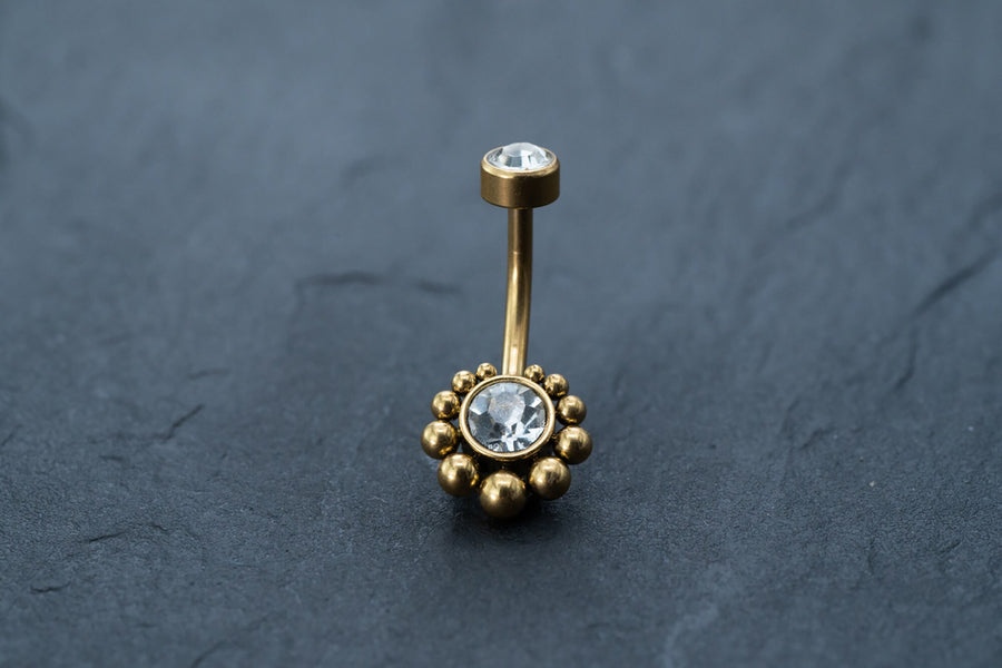 18K Gold Navel Ring, Crystal & CZ Belly Barbell, Hypoallergenic Discreet Piercing, Allergy-Friendly Body Jewelry
