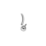 A close-up image of the "Argia" 316L Steel Silvered Circular Barbell Septum by Kaya Movement showcases its minimalist design, featuring a shiny, reflective surface. The curved barbell, available in diameters of 6mm, 8mm, and 10mm with a thickness of 1.2mm, is made from high-quality steel. The detachable ball end is pictured with its screw thread visible, illustrating the secure fastening mechanism for this elegant piece of nose, tragus, or lobe jewelry.