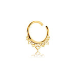 The Kaya Movement "316L Steel PVD Gold Mandala Design Septum 'Natura'" ring boasts an open-clicker design with intricate heart-shaped details and small circular decorations along the bottom edge. Finished in elegant PVD gold, this minimalist yet refined piece showcases polished craftsmanship that is highlighted beautifully against a white background.