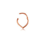 A single Hinged septum ring - Teardrop septum by Kaya Movement, showcased in rose gold with a minimalist V design against a plain white background. The partially open ring reveals its unique elegant curvature.