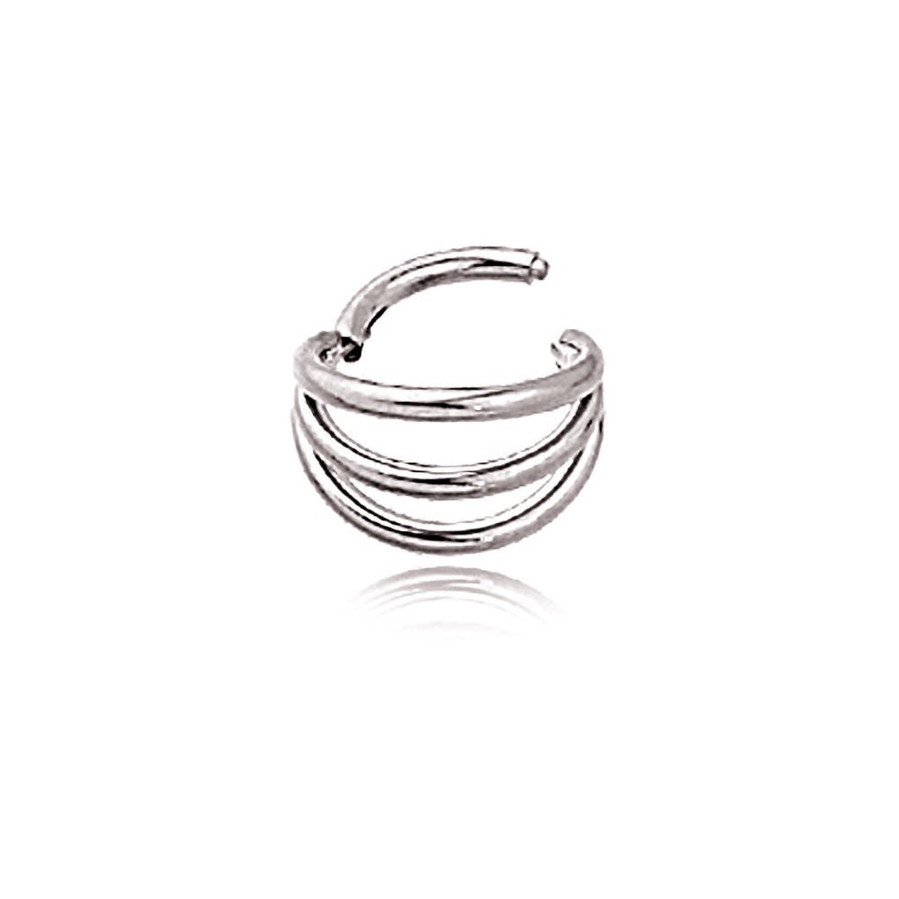 A minimalist gold PVD septum ring, branded "Trion" by Kaya Movement, showcases a triple-ring design crafted from 316L steel. The nose jewelry features a sleek, semi-open form with each ring subtly curving and layered in a rounded and stacked effect. The smooth, polished finish provides a modern and elegant touch that echoes minimalist design principles.