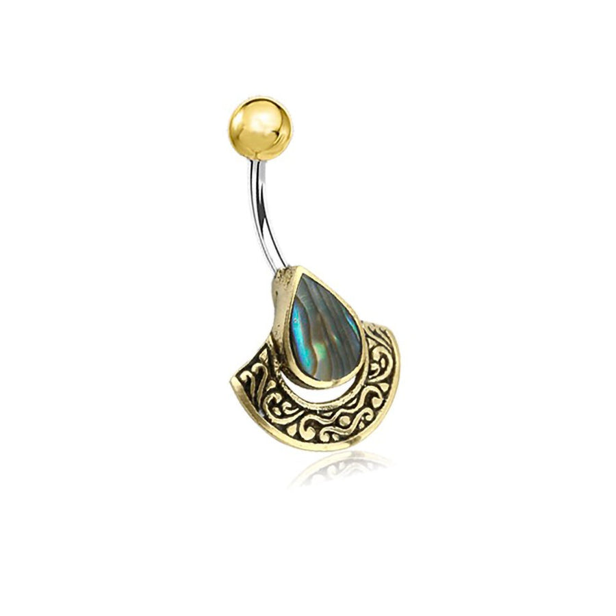 The Kaya Movement's Lumi Navel Jewelry showcases a unique boho ethnic drop design, featuring a semi-circular metallic base with intricate patterns, a central teardrop-shaped blue-green abalone stone, and a curved barbell adorned with a gold sphere on one end. Handcrafted from surgical steel, this piece is perfect for any free-spirited fashionista looking to embrace festival style.