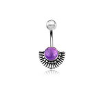 Introducing the Nala Navel Jewelry by Kaya Movement, a stunning piece of jewelry crafted from 316L surgical steel. This exquisite navel ring features an Inca-inspired half-moon design with a central purple amethyst gemstone, set within a detailed, sunburst-like pattern with radial lines extending from the gemstone. Perfect for those seeking boho ethnic elegance in their belly button adornments.