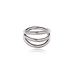 The Minimalist Gold PVD 316L Steel Septum "Trion" by Kaya Movement showcases a sleek, triple ring effect with multiple interwoven bands forming an elegant, overlapping pattern. This nose jewelry piece boasts a modern and minimalist design with a polished finish and is presented on a plain white background.