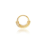 Behold the Lira Minimalist Boho Chic Septum, a refined piece of gold Bohemian jewelry from Kaya Movement. This elegant earring, crafted from durable 316L steel with a luxurious Gold PVD finish, features a unique design with two half-circle accents that create a stylish layered look. Measuring 1.2mm in gauge and 8mm in diameter, it is centered on a white background with a subtle reflection beneath it.