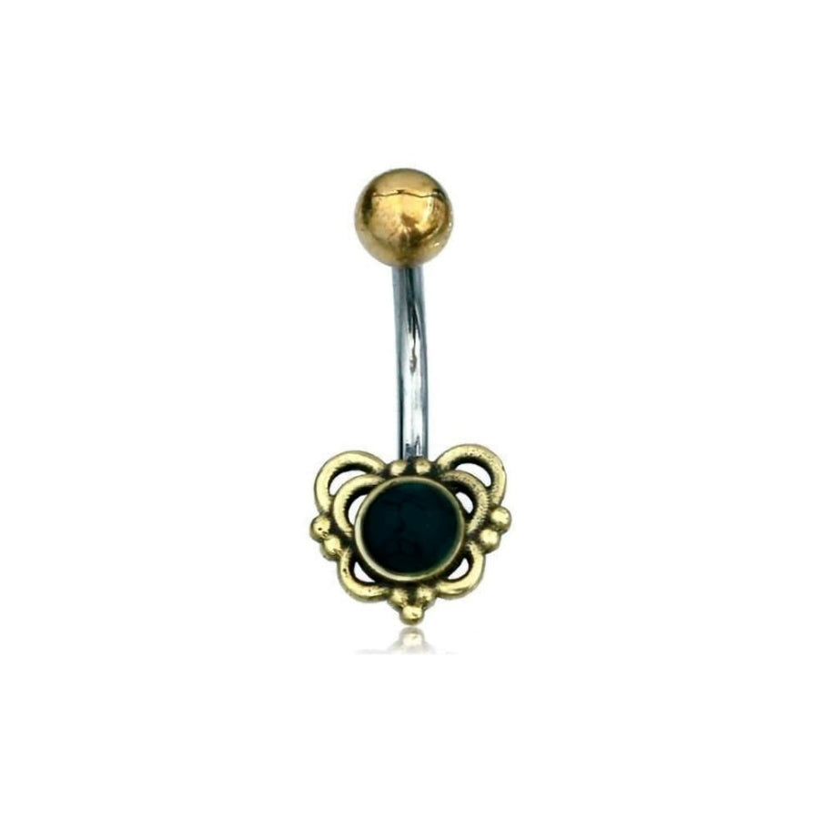 Introducing the Kaya Movement's Orixa Navel Jewelry—a boho-hippie festival handmade accessory featuring a heart-shaped black onyx gemstone set in an ornate gold brass setting. This stunning piece includes a silver surgical stainless steel curved bar and intricate details surrounding the gemstone, making it a perfect choice for those who love unique and stylish body jewelry.