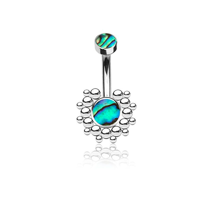 Kazi Navel Piercing - Geometric Silver Design - Bohemian Reflection with Abalone Shell - gauge 1,6mm 14g - 10mm - Stainless steel