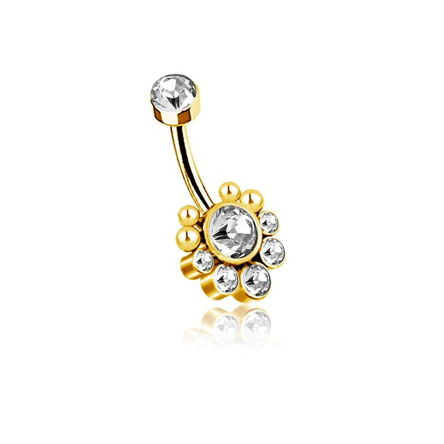 Zane 1.6mm Navel Piercing - Brilliant Gold Finish - Embellished with Seven Sparkling Zircons for a Touch of Luxury