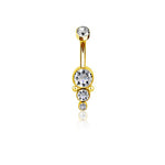 The Kaya Movement's Xane 1.6mm Navel Piercing features a brilliant gold finish, perfect for a navel piercing. Adorned with four sparkling zircons of varying sizes arranged vertically from largest to smallest on a curved barbell, it also includes a smaller zircon at the top. Its surgical steel construction ensures both durability and comfort.
