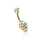 The Octra 1.6mm Navel Piercing - Mandala Chic Brilliance from Kaya Movement features a curved gold design adorned with multiple clear zircon gemstones. The piece showcases a large round stone at one end and a decorative pattern of smaller stones at the other, enhancing its boho charm. This elegant jewelled piece set against a white background is the perfect addition to elevate any outfit.