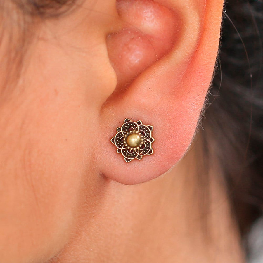Zenaya Brass Ear Stud - Mandala Lotus Design - Boho and Slow Life Inspired - Small earrings design inspired by mandala