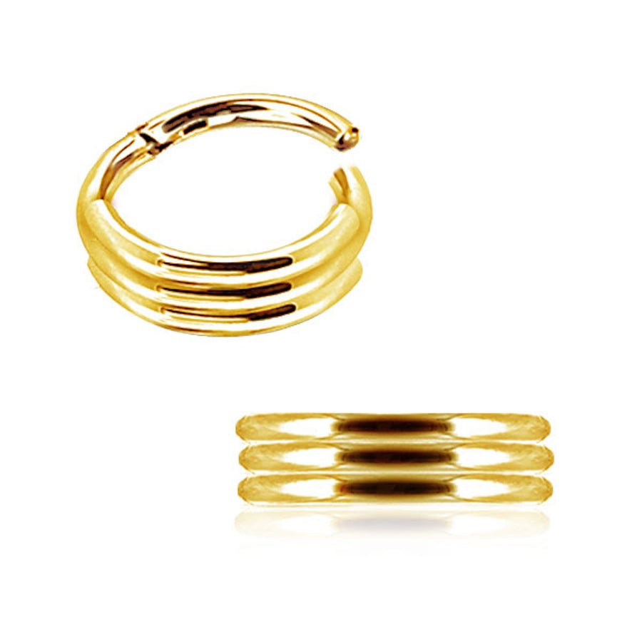 Two views of the Anneau 8mm Segmenté en Or pour Piercing by Kaya Movement are depicted. The top view shows the ring partially opened, revealing its design of three parallel bands with a small gap. The bottom view shows the ring closed, highlighting its smooth, polished finish and the alignment of the three bands.
