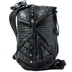 The APOPHIS Post-Apocalyptic Leather Shoulder & Belt Bag by Kaya Movement is a black, gothic-style cross shoulder bag adorned with textured designs and ribbed patterns. Featuring skull decorations and metallic buttons, this edgy hip bag includes a strap with rivet details and a tasseled zipper, exuding a dark and intricate aesthetic ideal for any wasteland festival.