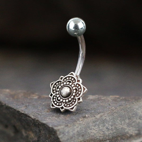 Silver-tone lotus navel piercing