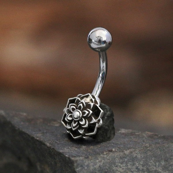 PADMA Lotus Flower Mandala Belly Piercing in Silver | 14 gauge
