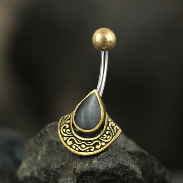 Piercing Nombril Éventail IKOSA en laiton doré & Nacre Noire | calibre 14