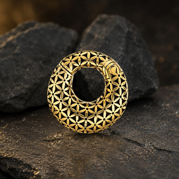 FLOWER OF LIFE Hoop Ear Weights in Gold with Clicker | 2 gauge